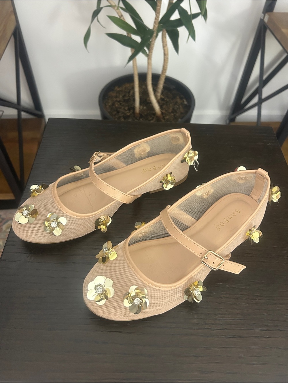 BAMBOO Blush Pink Floral Sequin Mary Jane Flats with Gold Accents